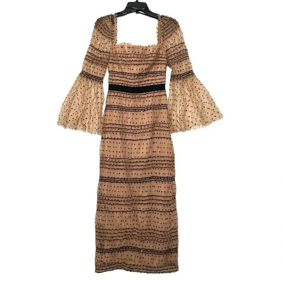 Self-Portrait Shirred Polka Dot Mesh Tulle Cocktail Bodycon Midi Dress size 2 - Picture 7 of 16